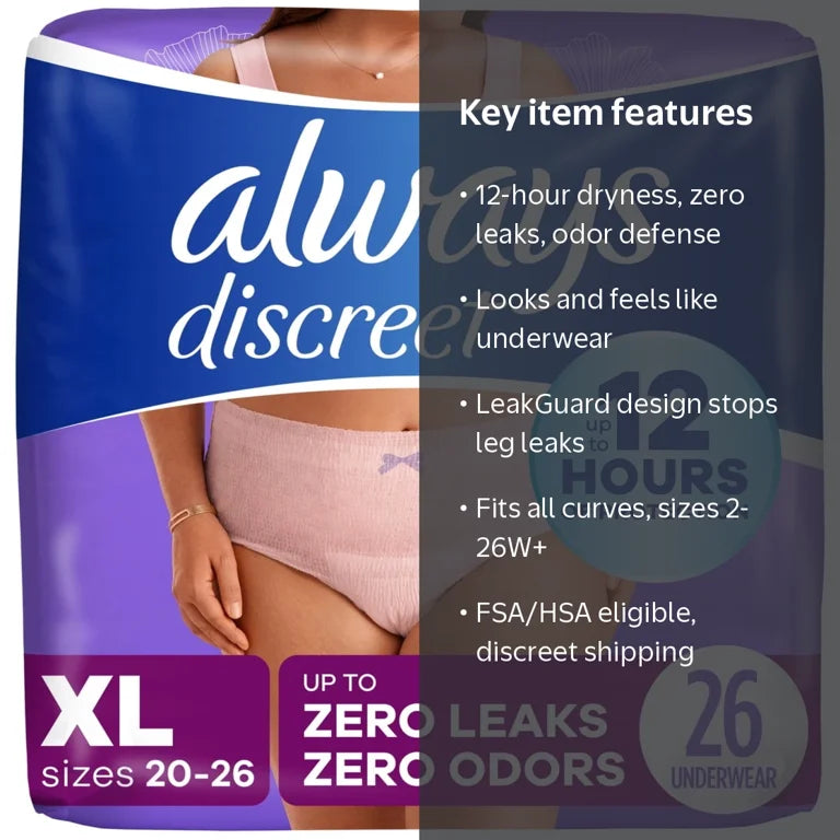 Always Discreet Women's Incontinence Underwear XL, 26 Count