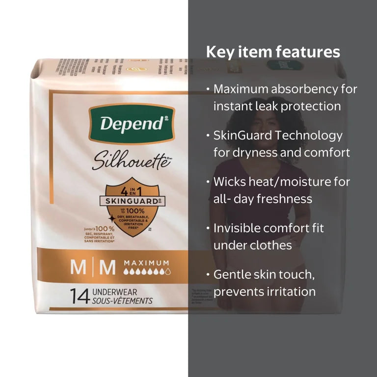 Depend Silhouette Women’s Incontinence & Postpartum Bladder Leak Underwear, M, 14 Count